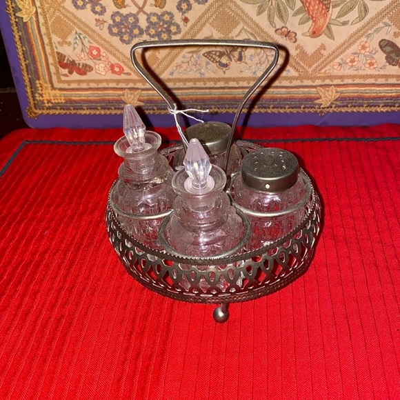 Other - Vintage small Cruet Set Vintage 4 Piece Caddy Chrome Glass & Lucite Stoppers